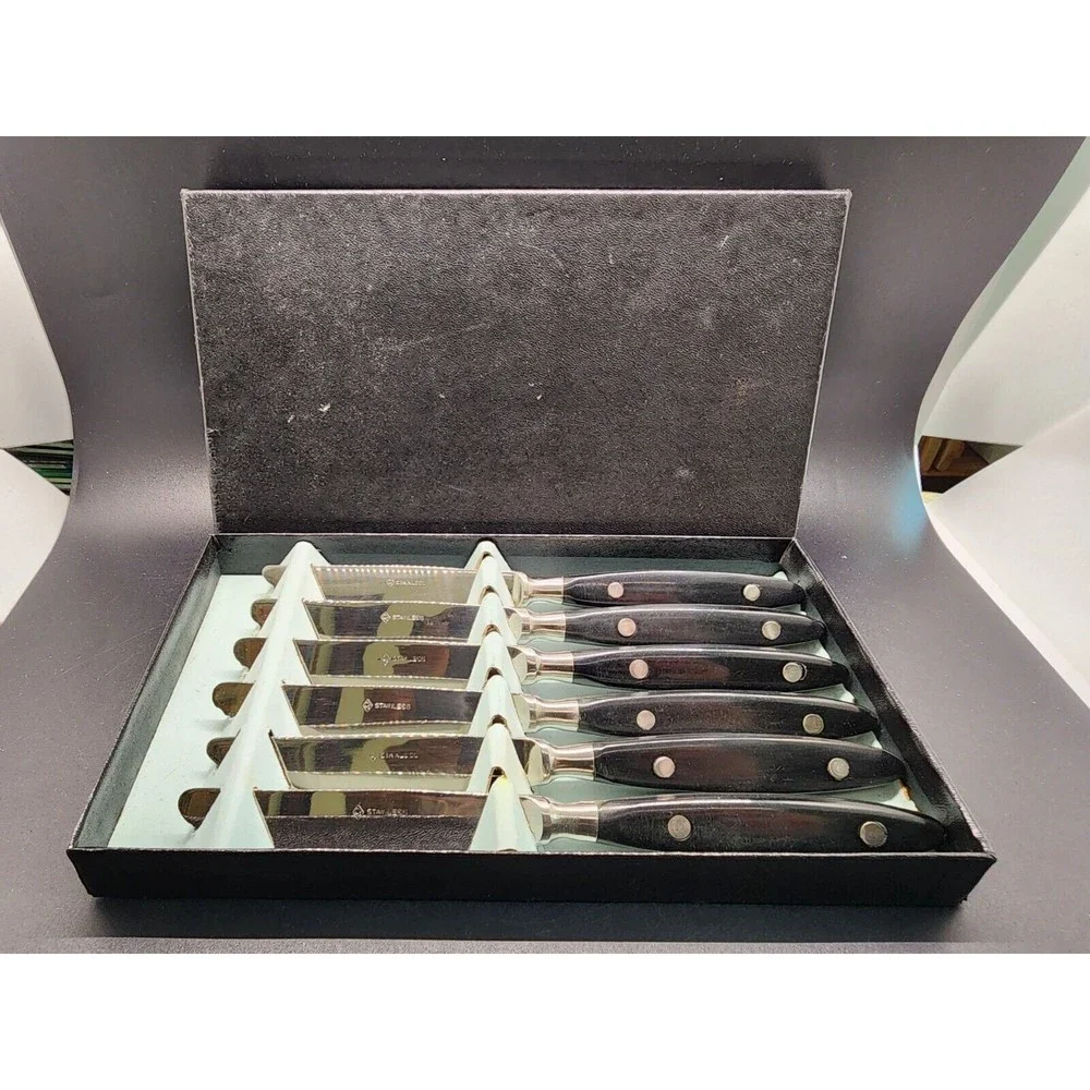 6-Pc MCM CI Stainless Japan Black Composite Handle Dinner Knife Set NOS IN BOX